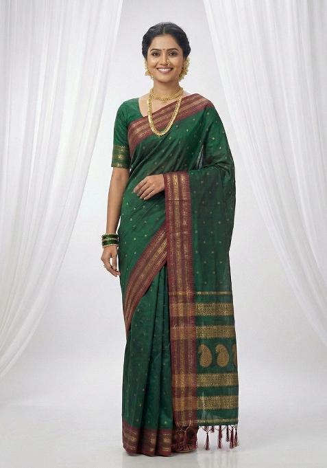 Dark Green Woven Silk Blend Saree Set with Zari Work for Diwali | Wedding & Festive Wear