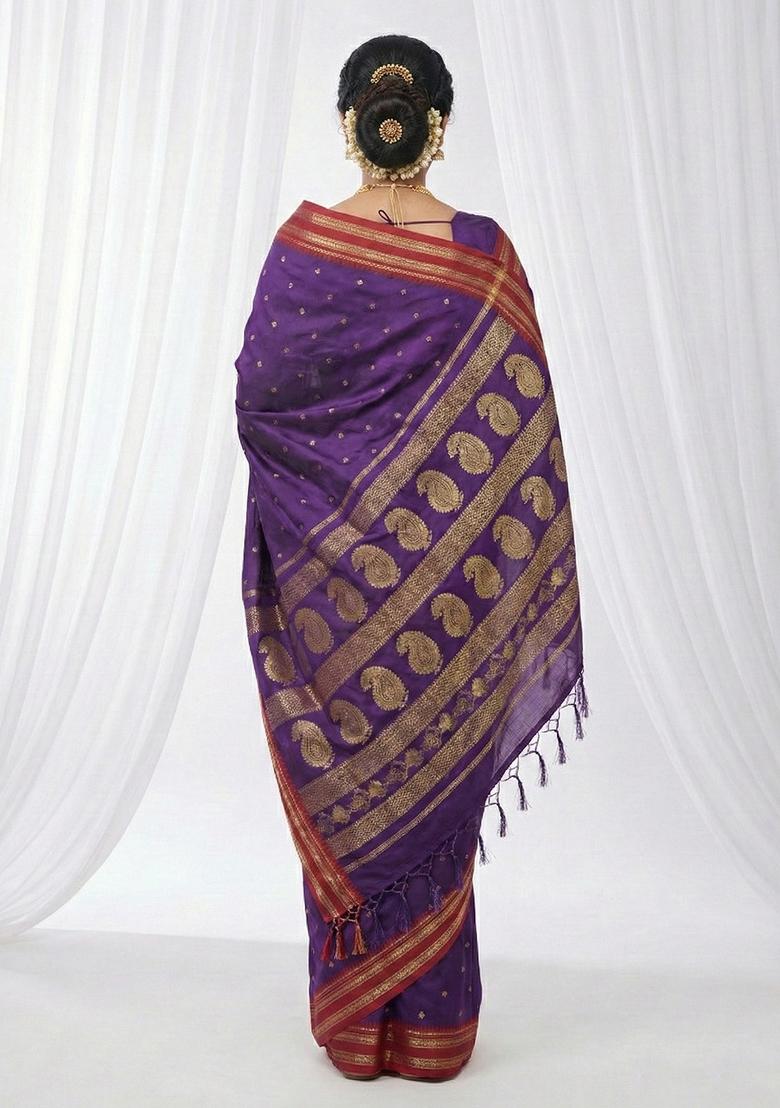 Purple Woven Zari Work Silk Saree Set - Indya