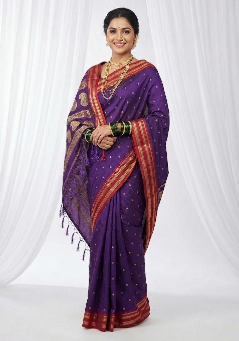 Purple Woven Zari Work Silk Blend Saree Set