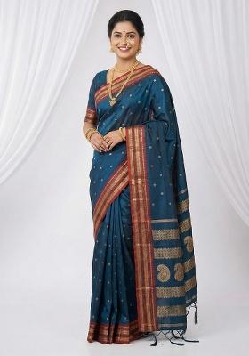 Teal Blue Woven Zari Work Silk Saree Set