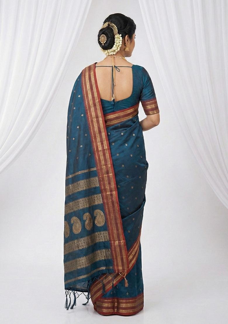 Teal Blue Woven Zari Work Silk Saree Set - Indya