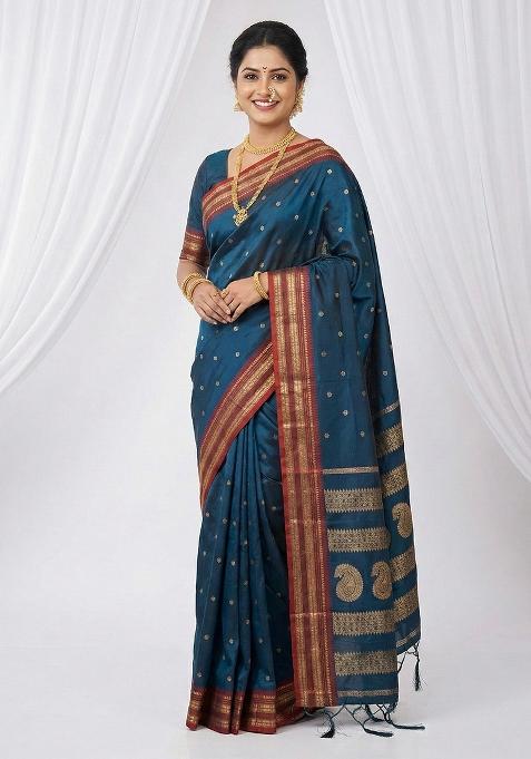 Teal Blue Woven Zari Work Silk Saree Set