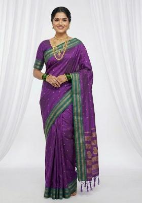 Violet Woven Zari Work Silk Saree Set