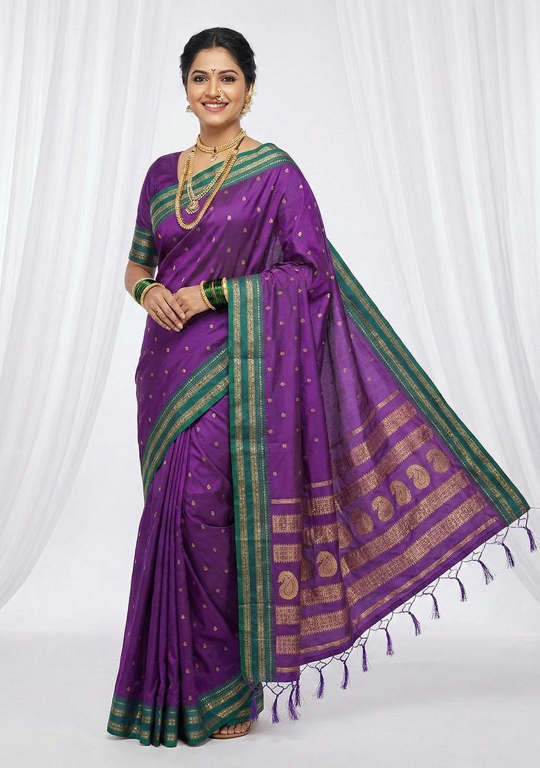 Violet Woven Zari Work Silk Saree Set - Indya