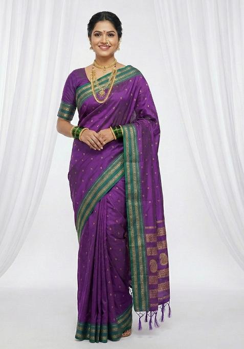 Violet Woven Zari Work Silk Blend Saree Set