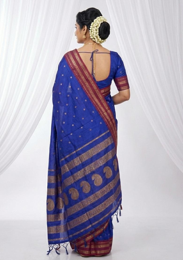 Blue Woven Zari Work Silk Saree Set - Indya