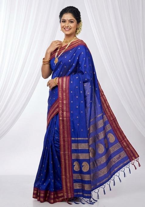 Blue Woven Zari Work Silk Saree Set — view on Indya