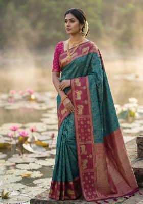 Teal Woven Zari Work Kanjivaram Silk Saree Set
