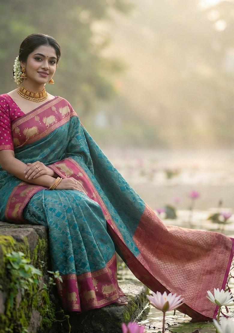 Teal Woven Zari Work Kanjivaram Silk Saree Set - Indya