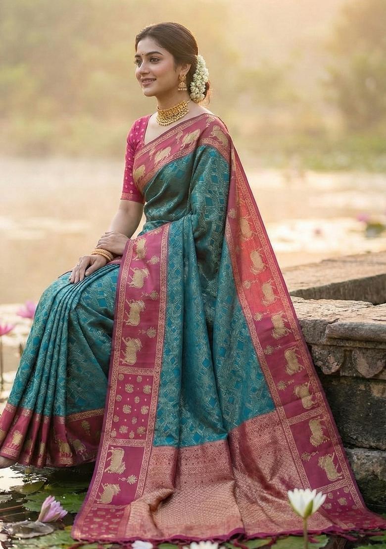 Teal Woven Zari Work Kanjivaram Silk Saree Set - Indya