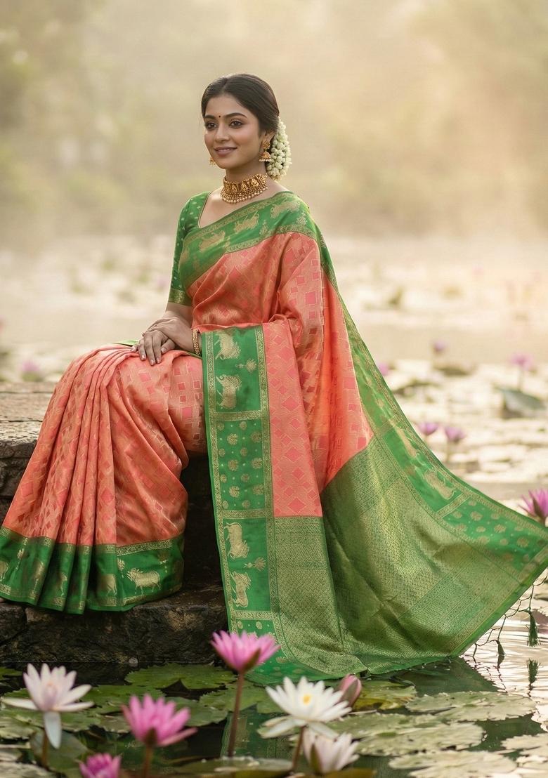 Peach Woven Zari Work Kanjivaram Silk Saree Set - Indya