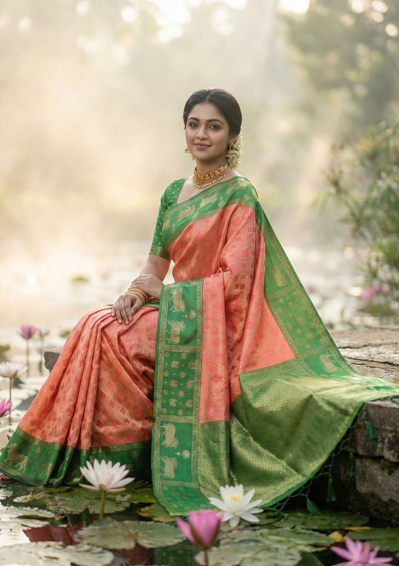 Peach Woven Zari Work Kanjivaram Silk Saree Set - Indya