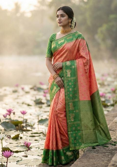 Peach Woven Zari Work Kanjivaram Silk Blend Saree Set