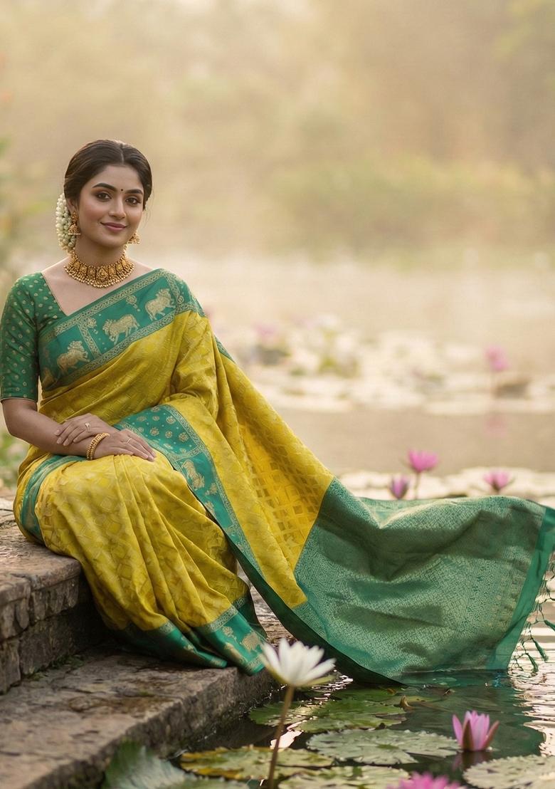 Mustard Woven Zari Work Kanjivaram Silk Saree Set - Indya