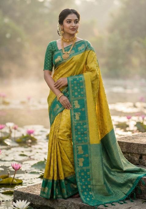 Mustard Woven Zari Work Kanjivaram Silk Blend Saree Set
