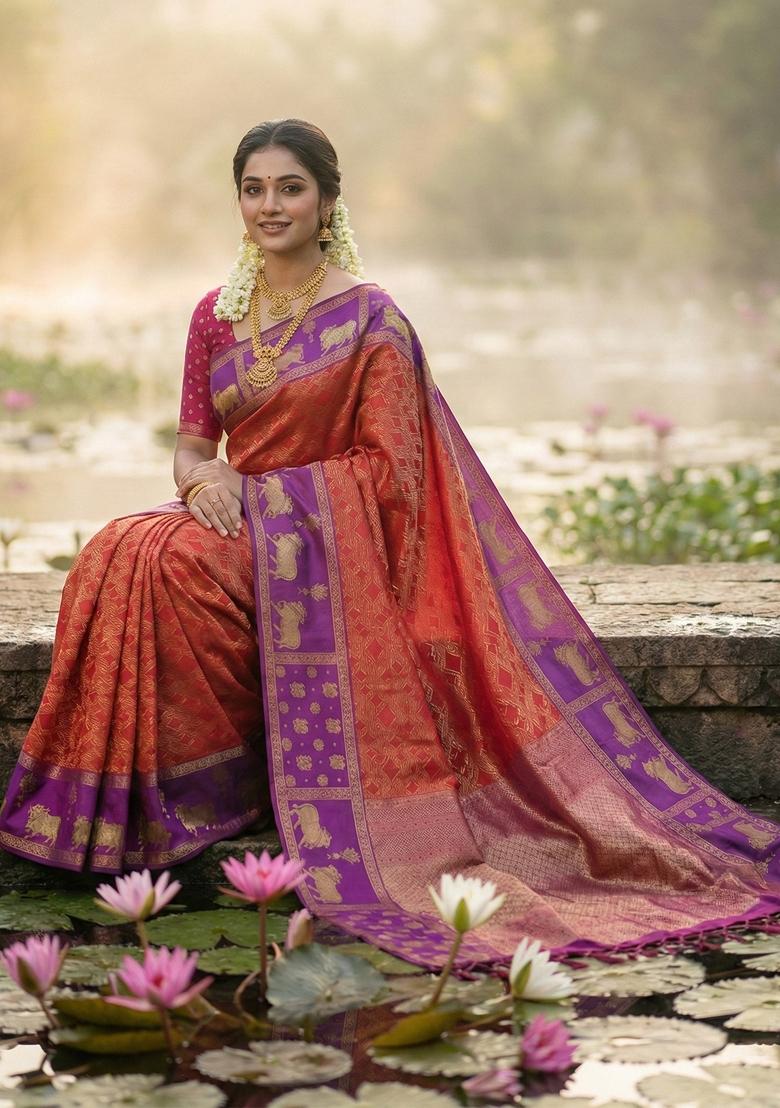 Orange Woven Zari Work Kanjivaram Silk Saree Set - Indya