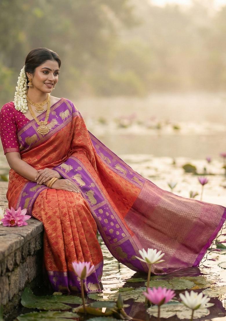 Orange Woven Zari Work Kanjivaram Silk Saree Set - Indya