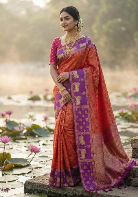 Orange Woven Zari Work Kanjivaram Silk Saree Set — view on Indya