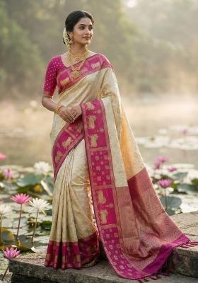 Cream Woven Zari Work Kanjivaram Silk Saree Set