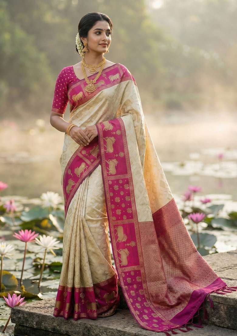 Cream Woven Zari Work Kanjivaram Silk Blend Saree Set for Diwali and Festive Wear - Indya