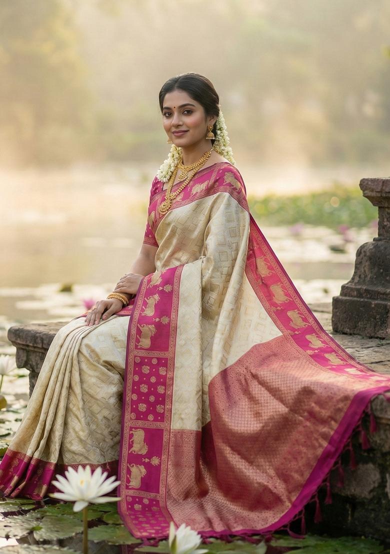 Cream Woven Zari Work Kanjivaram Silk Saree Set - Indya