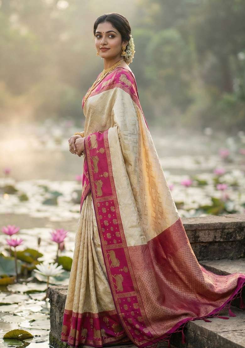 Cream Woven Zari Work Kanjivaram Silk Blend Saree Set for Diwali and Festive Wear - Indya