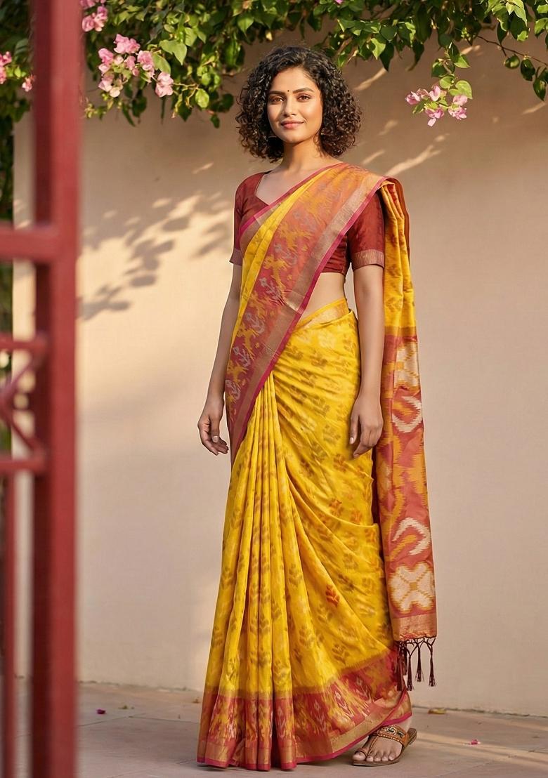 Yellow Woven Zari Work Pochampalli Silk Saree Set - Indya