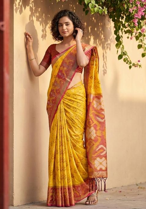 Yellow Woven Zari Work Pochampalli Silk Saree Set
