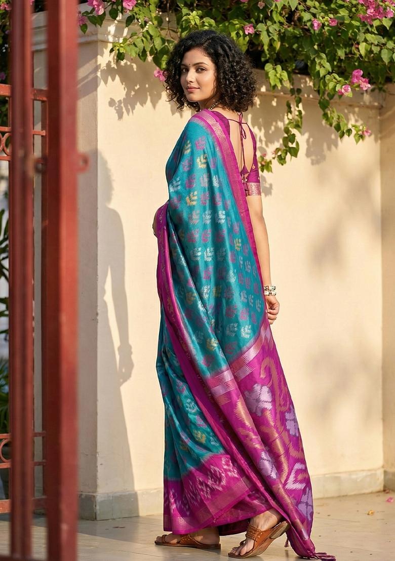 Sky Blue Woven Zari Work Pochampalli Silk Saree Set - Indya