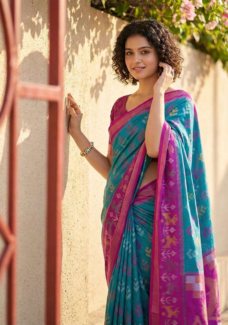 Sky Blue Woven Zari Work Pochampalli Silk Blend Saree Set for Diwali and Festive Wear - Indya