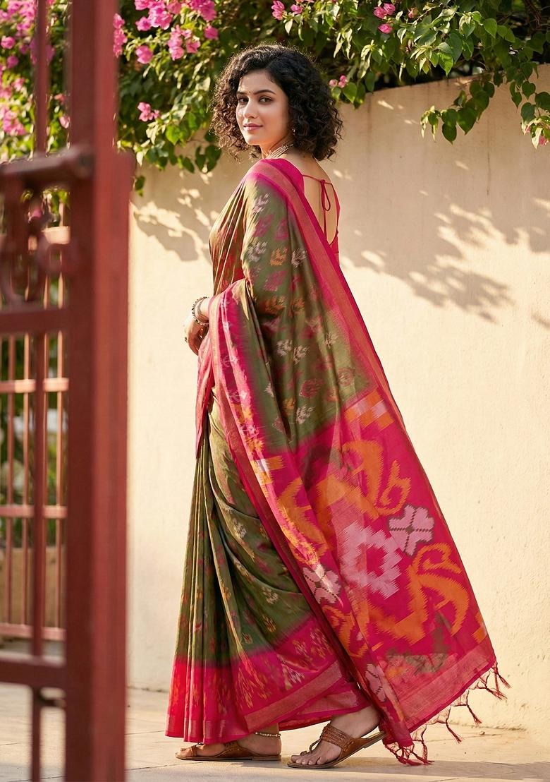 Olive Green Woven Zari Work Pochampalli Silk Saree Set - Indya