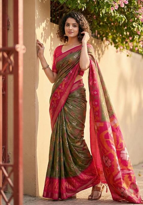 Olive Green Woven Zari Work Pochampalli Silk Blend Saree Set