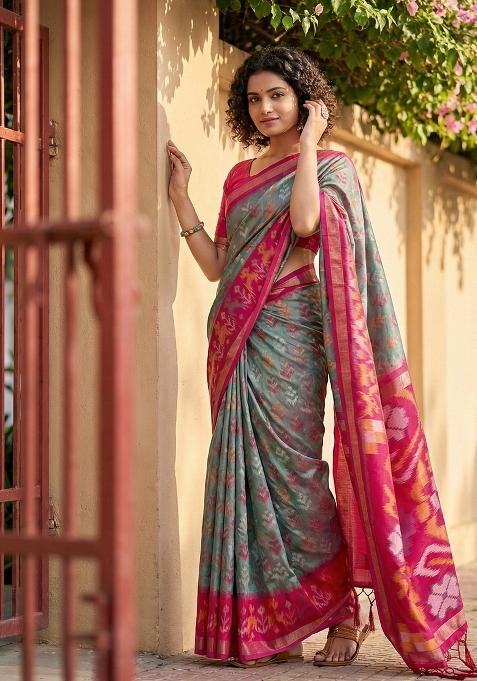 Grey Woven Zari Work Pochampalli Silk Blend Saree Set