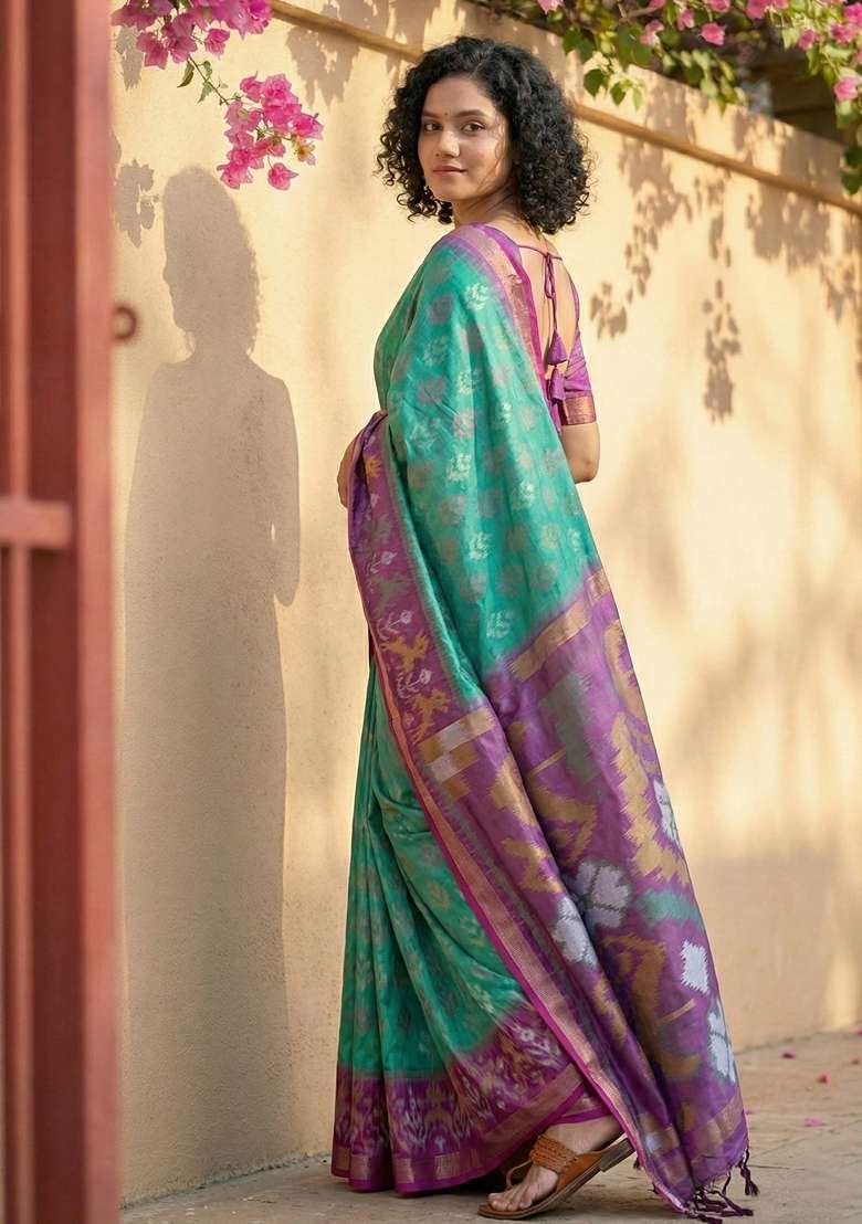 Rama Green Woven Pochampalli Silk Blend Saree Set with Zari Work for Diwali | Wedding & Festive Wear - Indya