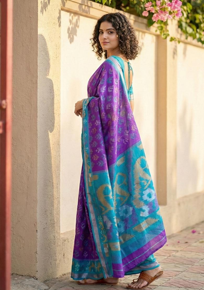 Violet Woven Zari Work Pochampalli Silk Saree Set - Indya