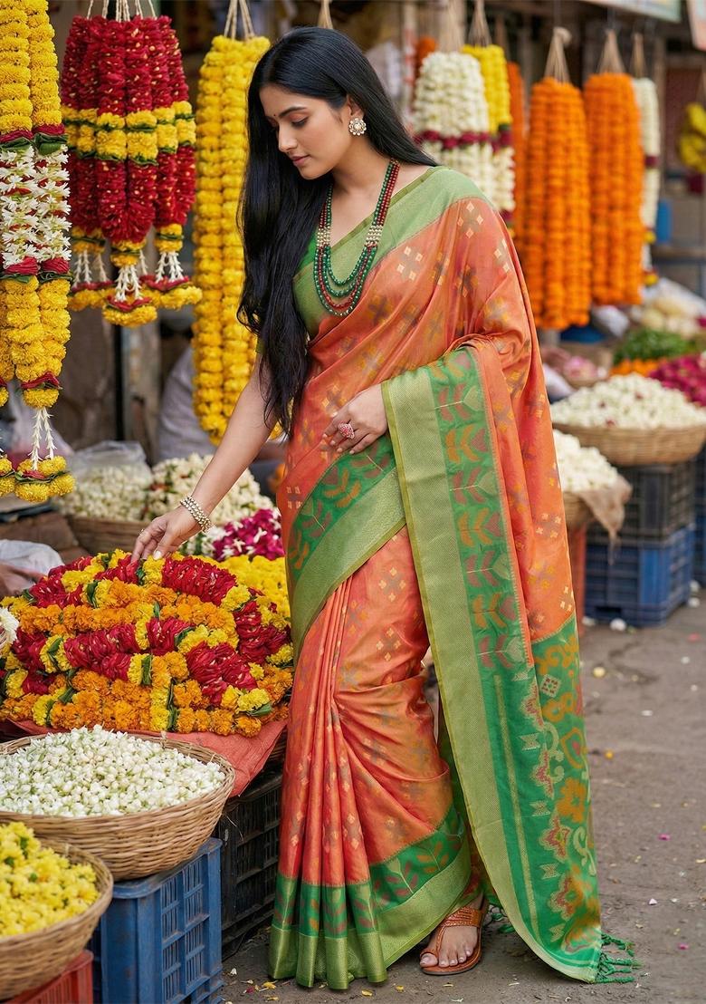Orange Woven Zari Work Pochampalli Silk Saree Set - Indya