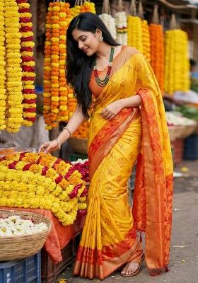 Yellow Woven Zari Work Pochampalli Silk Saree Set