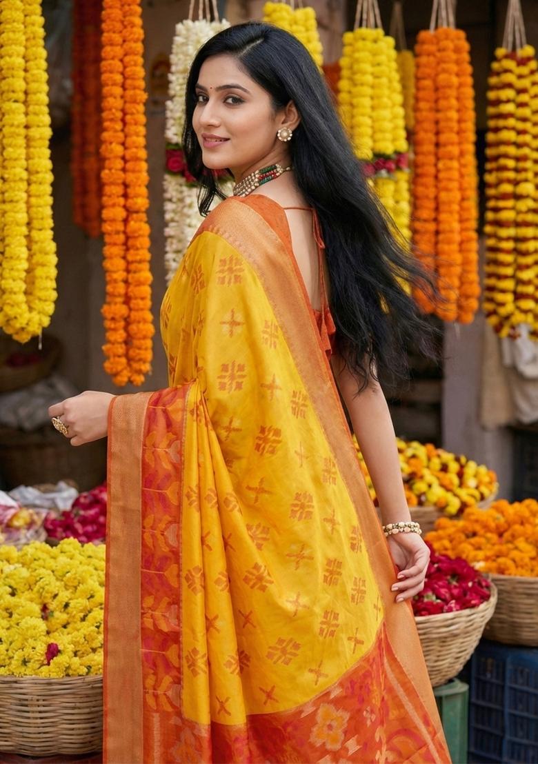 Yellow Woven Zari Work Pochampalli Silk Saree Set - Indya