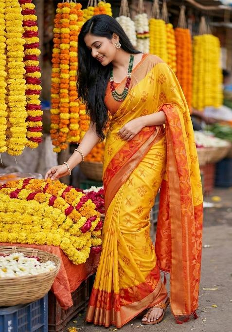 Yellow Woven Zari Work Pochampalli Silk Blend Saree Set