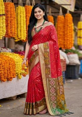 Red Woven Zari Work Pochampalli Silk Saree Set