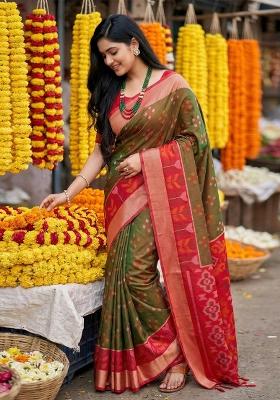 Brown Woven Zari Work Pochampalli Silk Saree Set