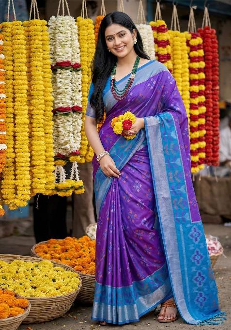 Violet Woven Zari Work Pochampalli Silk Blend Saree Set