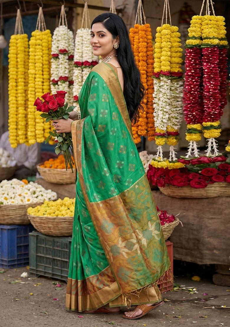 Brown Woven Zari Work Pochampalli Silk Saree Set - Indya