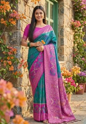 Teal Blue Woven Zari Work Pochampalli Silk Saree Set