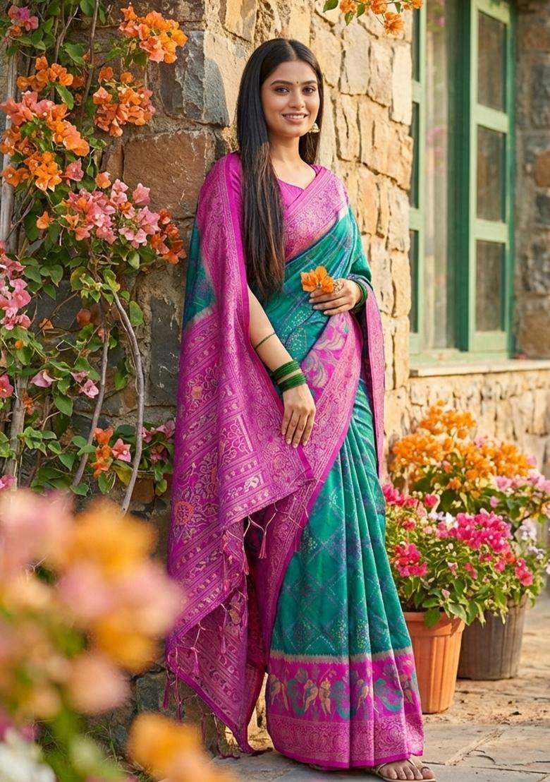 Teal Blue Woven Zari Work Pochampalli Silk Saree Set - Indya