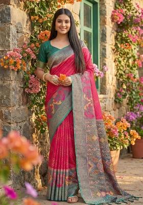 Pink Woven Zari Work Pochampalli Silk Saree Set