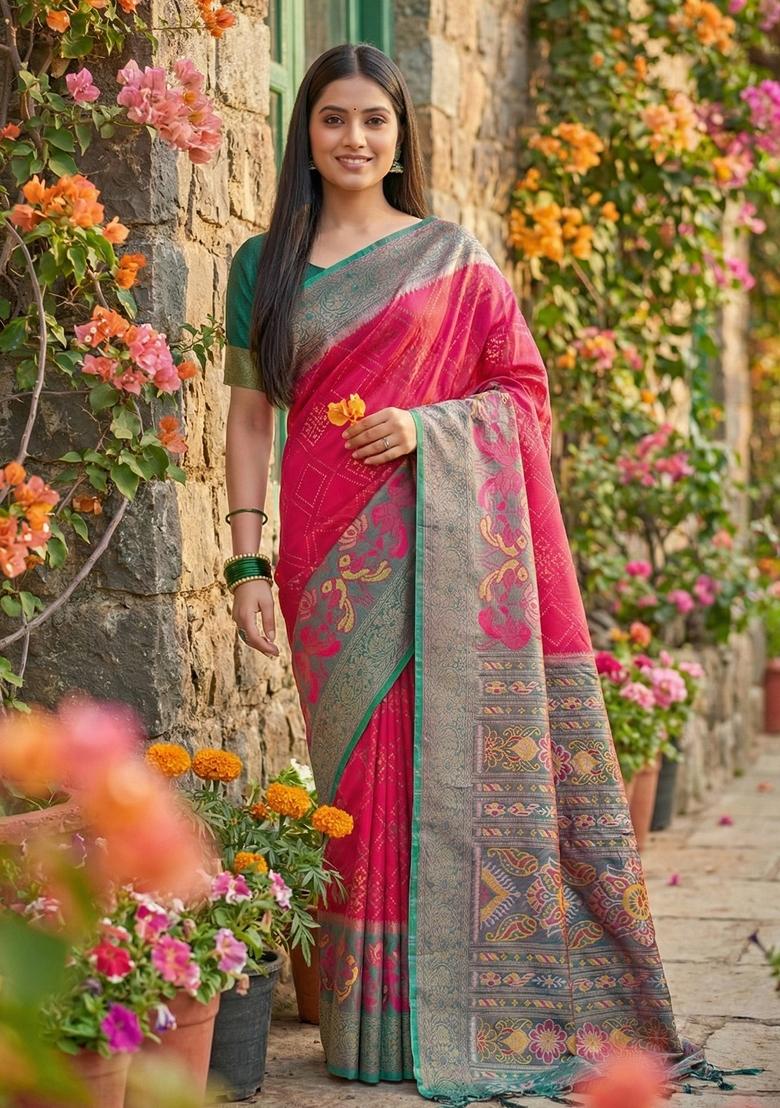 Pink Woven Zari Work Pochampalli Silk Saree Set - Indya