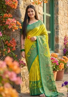 Yellow And Green Woven Zari Work Pochampalli Silk Saree Set
