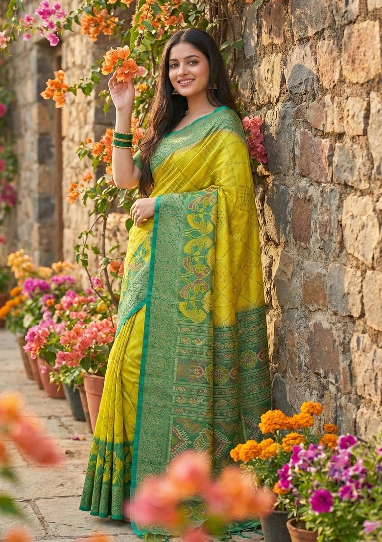 Yellow And Green Woven Zari Work Pochampalli Silk Saree Set - Indya