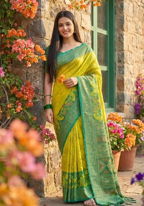 Yellow And Green Woven Zari Work Pochampalli Silk Saree Set